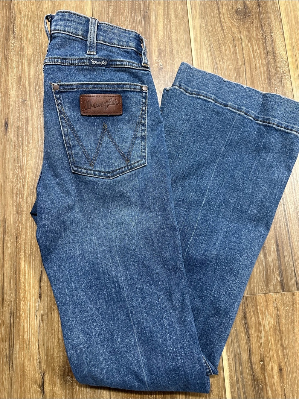 Wrangler Blue Straight Leg Denim Jeans with Leather Patch